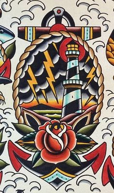 an old school tattoo design with a lighthouse