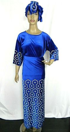 "Velvet With Stones Design/Nigerian Party Outfits/Trendy African Velvet Outfits/Ready Made Velvet 3 Piece Set Wrapper, Buba & Gele/Royal Blue Measured While Laying Flat: Size: L/58 Armpit to Armpit: 23\" (Full Chest: 46\") Shoulder To Bottom: 25\" Sleeve Length From Neckline: 18\" Wrapper: Wide: 72; Length: 50\" ~~Gele: L/52\" & W/20\" Size: XL/60 Armpit To Armpit: 25\" (Full Chest: 50\") Shoulder To Bottom: 25\" Sleeve Length: 19\" Wrapper: Wide: 73\"; Length: 50\" ~~ Gele: L/56\" & Blue Evening Dress For Festivals, Royal Style Dresses For Party And Festivals, Fitted Blue Sets For Celebration, Royal Blue Party Sets, Royal Fitted Party Sets, Blue Festive Evening Sets, Festive Evening Blue Sets, Royal Blue Party Sets For Festivals, Festive Blue Evening Sets