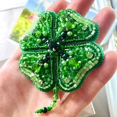 Clover Beaded Brooch, Handmade Embroidered Accessory, Dark - Inspire Uplift Unique Handmade Green Brooches, Green Beaded Brooches As Gift, Green Beaded Brooches For Gift, Unique Green Beaded Brooches, Damaged Clothes, Brooch Handmade, Beaded Leaf, Leaf Brooch, Twisted Wire