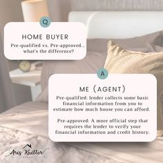 two speech bubbles with the words, home buyer and me agent on them in front of a bed