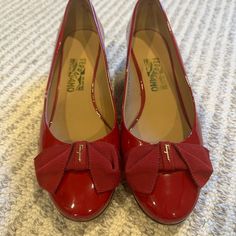 Hardly Worn, Bright Cherry Red Ferragamo Low Heel Shoe In A Size 10 With Satin Bow. Perfect For Any Season, Festive Occasion Or Work! Red Leather Sole Court Shoes For Formal Occasions, Red Patent Leather Court Shoes With Low Heel, Red Patent Leather Court Shoes For Formal Occasions, Classic Red Court Shoes For Formal Occasions, Formal Red Round Toe Heels, Elegant Red Court Shoes With Round Toe, Elegant Red Court Shoes, Red Patent Leather Court Shoes With Almond Toe, Classic Red Court Shoes With Leather Sole