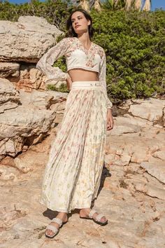 Shop for Shruti Sancheti Beige Silk Mulmul Printed Multi Panel Skirt And Top Set for Women Online at Aza Fashions Pink One Shoulder Top, V Neck Crop Top, Skirt Top Set, Asian Dresses, Panel Skirt, Beige Skirt, Beige Silk, Net Lace, Paneled Skirt