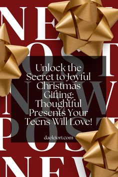 a christmas card with gold bows and the words, unlock the secret to joyful christmas giving