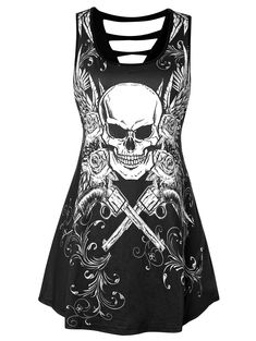 Plus Size Skull Print Cut Out Tank Top - Black - 4A80575012 - Women's Clothing, Plus Size Women's Clothing  #PlusSizeWomensClothing #Women's #Clothing # #Plus #Size #Women's #Clothing Shirt Dress Plus Size, Tunic Tops Summer, Cheap Tank Tops, Shirt Dress Summer, Printed Tunic Tops, Mini Tank Dress, Sleeveless Bodycon Dress, Plus Size Tank Tops, Formal Dresses For Women