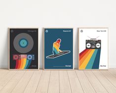 three posters with different types of music on them, each featuring a person riding a skateboard