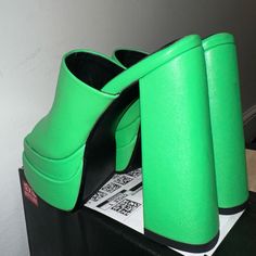 Nwt- Never Worn Green Platform High Heels - Heel 14cm/5.51 Inches; Platform 5cm/9.3 Inches. Rubberized Soles Green Synthetic Sandals With 4-inch Heel, Green Pointed Toe Sandals With 4-inch Heel, Green Pointed Toe Mules With Padded Heel, Green Open Heel Mules For Party, Trendy Green Platform Heels, Trendy Green Open-heel Mules, Green High Heel Mules With Padded Heel, Trendy Green Mules For Party, Green Block Heel Mules For Party