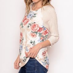 This Stunning Raglan Tee Is The Perfect Top To Bring You Through The Seasons. This Top Is Made From A Soft Jersey Knit Material And Features ¾ Sleeves, A Round Neckline And Rounded Hem. Material & Care 95% Rayon/5% Spandex Wash Cold, Inside Out Dry Flat Made In The Usa Lots Stretch Size & Fit M 8-10 True To Size Model Is 5'6 Wearing A Size Small For Search Purposes Only: Boutique Summer Clothes Mom Style Women Clothes Women's Fashion Women's Top Summer Top Boutique Fashion Casual Style Cream Stretch Top For Brunch, Stretch Cream Top For Brunch, Beige Floral Print Tops For Brunch, Cream Floral Print Tops For Spring, Casual Cream Tops With Floral Print, Casual Cream Floral Print Top, Cream Floral Print Crew Neck Top, Fitted Floral Print T-shirt With Crew Neck, Relaxed Fit Floral Print Crew Neck T-shirt