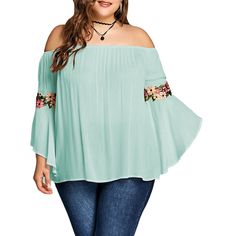 Plus Size Embroidery Bell Sleeve Blouse - Light Cyan - 3T52623829 - Original Design-Women's Clothing  #OriginalDesignWomensClothing #Original #DesignWomen's #Clothing Casual Chiffon Blouse, Plus Size Off The Shoulder, Plus Size Clothing Stores, Chiffon Shirt Blouse, Off The Shoulder Blouse, Trendy Plus Size Clothing, Bell Sleeve Blouse, Embroidery Blouse, Plus Size Blouses