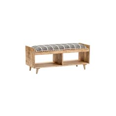 a wooden bench with a black and white cushion sitting on it's side shelf