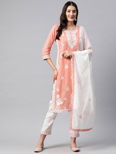 Paisley Embroidered Chikankari Pure Cotton Kurta Set Product Details: Peach-coloured embroidered Kurta with Trousers with dupatta Kurta design: Paisley embroidered Straight shape Regular style Round neck, three-quarter regular sleeves Chikankari detail Knee length with straight hem Pure cotton machine weave fabric Trousers design: Solid Trousers Partially elasticated waistband Slip-on closure Size & Fit Size worn by the model: 38 Chest: 34.5" Waist: 30" Hips: 38" Height: 5'11" Material & Care Pu Cotton Salwar Kameez With Chikankari Embroidery, Semi-stitched, Semi-stitched Cotton Salwar Kameez With Chikankari Embroidery, Cambric Chikankari Embroidered Fabric, Cotton Sharara With Multicolor Embroidery, Spring Cotton Churidar With Resham Embroidery, Multicolor Embroidered Cotton Sharara, Cotton Self Design Dupatta For Festive Occasions, Festive Cotton Dupatta With Self Design, Cotton Dupatta With Self Design For Festive Occasions