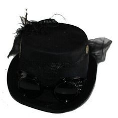 Deluxe Velvet 4.25" High Steampunk Full Size Top Hat Removable Goggle & Feathers | eBay Adjustable Brimmed Felt Costume Hat, Adjustable Brimmed Felt Hat For Costume, Adjustable Felt Hat With Short Brim For Costume, Black Steampunk Hat Costume Accessory, Adjustable Brimmed Steampunk Mini Hats, Adjustable Gothic Costume Hats And Headpieces For Winter, Adjustable Gothic Costume Hats For Winter, Adjustable Gothic Winter Costume Hats And Headpieces, Black Steampunk Hat