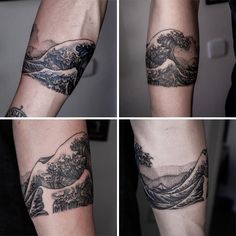 four different views of the great wave tattoo on someone's arm