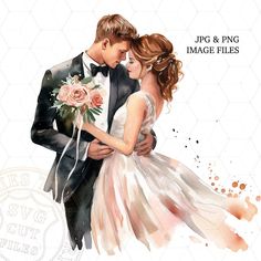 a watercolor painting of a bride and groom holding each other in their arms with the caption jpg & png image files