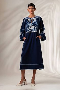 Traditional Embroidered Midi Dress, Elegant Spring Kaftan With Embroidered Sleeves, Elegant Embroidered Hem Midi Dress, Traditional Long Sleeve Festive Midi Dress, Festive Embroidered Midi Dress, Traditional Long Sleeve Midi Dress For Spring, Elegant Midi-length Embroidered Dress, Elegant Midi Dress With Embroidered Hem And Long Sleeves, Blue Long Sleeve Dress With Embroidered Sleeves