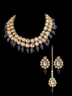 necklace set with earrings and tika made using uncut high quality kundan with amethyst beads 22carat gold plated meenakari work on the back Purple Kundan Bollywood Jewelry, Purple Kundan Necklace For Gifting, Purple Kundan Necklace Gift, Festive Purple Kundan Necklace, Festive Purple Kundan Jewelry, Necklace Set With Earrings, Amethyst Beads, Bridal Necklace, Necklace Set