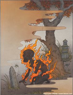 a drawing of a person sitting in front of a tree with fire coming out of it