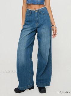 Lasaky - Wide Leg Pants with Blue Wash and Flared Hems Blue Non-stretch Wide Leg Jeans, Solid Color Relaxed Fit Jeans, Solid Denim Bottoms, High Waist Flare Jeans With Pockets, Dark Wash Full Length Bottoms, Solid Relaxed Fit Denim Bottoms, Solid Denim Bottoms With Relaxed Fit, Blue Five-pocket Bottoms For Fall, Baggy Denim Blue Mid-rise Wide Leg Pants