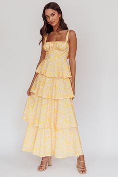 Shop the Provence Bloom Tiered Ruffle Floral Maxi Dress Yellow | Selfie Leslie Ruffle Floral Maxi Dress, Pink Dress Shoes, Dress Square Neck, Frill Skirt, Ruffle Maxi Dress, Signature Jewelry, Dress Yellow, Layer Dress, Basic Dress