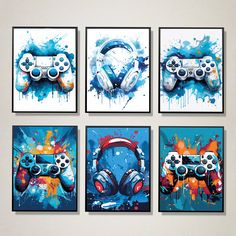 four paintings of video game controllers with paint splatters on the wall behind them