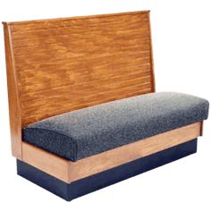 a wooden bed frame with blue and grey fabric on it's back end, against a white background