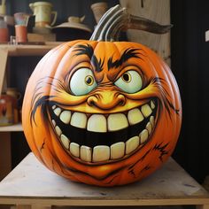 a pumpkin with an angry face painted on it