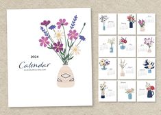 a calendar with flowers in a vase on the front and back cover, next to it's page