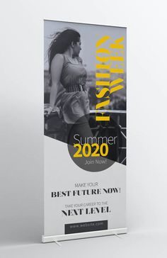 a roll up banner with the text summer 2020 on it and a photo of a woman running