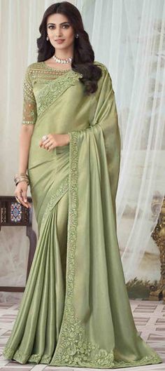 Green color Saree in Art Silk, Silk fabric with Embroidered, Sequence, Thread work Green Fancy Saree, Saree With Embroidery Blouse, Beige Saree, Fancy Saree, Indian Silk Sarees, Silk Saree Blouse Designs, Neck Deep, Silk Saree Blouse, Designer Sarees Online