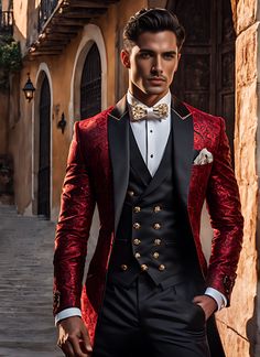 Red And Black Suit For Men, Black Suit With Red Accents, Black Masquerade Outfit, Masquerade Outfit Men, Moulin Rouge Outfits, Red Tux, Glittery Wedding Dress, Red Black Outfit