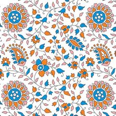 an orange and blue floral pattern on white background