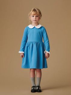 Blue Marta Girl Dress – La Coqueta Kids Girls Blue Dress, Girls Boots, Knit Outfit, Girl Dress, Nightwear, Fit And Flare, Boy Outfits, Blue Dresses, Shopping Outfit