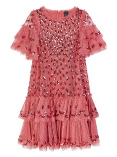 pink recycled polyester crew neck short sleeves sequin embellishment rear zip-fastening pocket Leaves Dress, Autumn Rose, Pink Palette, Dress With Jean Jacket, Dress Autumn, Leaf Motif, Needle Thread, Designer Kids Clothes, Girls Party