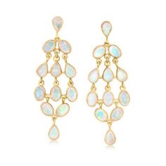 Ross-Simons - Ethiopian Opal Chandelier Earrings in 18kt Gold Over Sterling. These gorgeous chandelier earrings are designed to move when you do, giving the 6x4mm oval and pear-shaped Ethiopian opals plenty of opportunities to flaunt their alluring color play. Set in polished 18kt yellow gold over sterling silver. Hanging length is 2". Post/clutch, chandelier opal earrings. Opal birthstones are the perfect gift for October birthdays. Opal Chandelier, October Birthdays, Jewelry Presentation, Opal Birthstone, Tanzanite Necklace, Earrings Opal, Pearl Strands Necklace, Diamond Tennis Necklace, Fine Jewelery