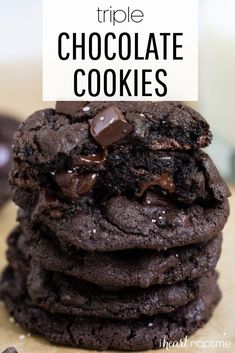 chocolate cookies stacked on top of each other with the words triple chocolate cookies above them