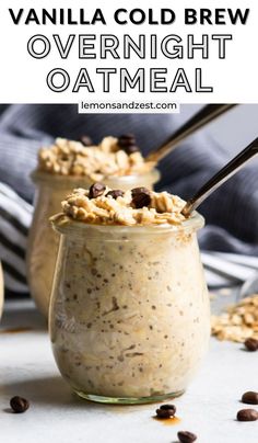 two jars filled with overnight oatmeal and topped with chocolate chips