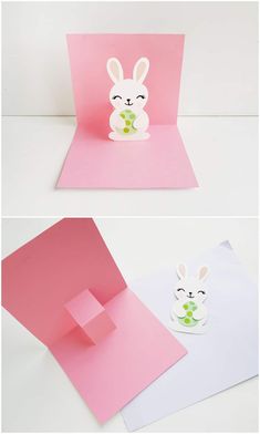 two different views of the inside of a card with an image of a bunny holding a flower