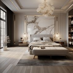 an elegant bedroom with marble walls and flooring