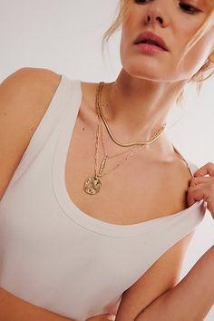 Add a little something extra with this stunning layered necklace featuring a mixture of three different chains accented by naturally-shaped, distressed charm details. * Clasp closure * Fixed length | Oversized Coin Necklace by Free People in Gold Everyday Multi-strand Charm Necklace With Delicate Chain, Everyday Layered Double Strand Charm Necklaces, Everyday Multi-strand Layered Charm Necklaces, Chunky Chain Multi-strand Necklaces For Layering, Multi-strand Chunky Chain Necklace For Layering, Everyday Multi-strand Layered Necklace, Chunky Chain Multi-strand Layered Necklace, Chunky Chain Double Strand Layered Necklace, Multi-strand Charm Necklaces For Layering