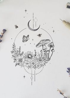 a drawing of mushrooms, flowers and butterflies