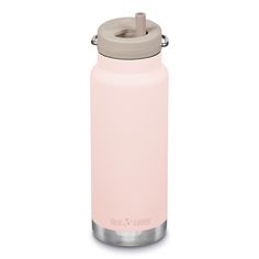 a pink water bottle with a metal lid