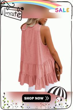 Pink Loose Style Sleeveless Tank Summer Tops Plus Size, Sleeveless Blouses, Top Shirt Women, Summer Fabrics, Fashion Spring, Loose Tops, Beach Wear, Ladies Tops Fashion, Sleeveless Tank