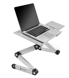 a laptop computer sitting on top of a stand