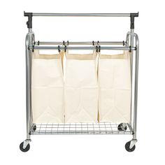 a metal rack with two bags on wheels