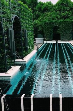 an outdoor swimming pool surrounded by greenery