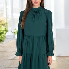 Add a touch of elegance to your wardrobe with the Anna-Kaci Women's High Neck Tiered Swing Dress. This beautiful dress features a high neckline and a tiered design that creates a flowing silhouette, perfect for any occasion. The long sleeves add a modest yet stylish element, while the swing cut ensures a comfortable and flattering fit. Whether you're heading to a special event or a casual outing, this dress is a versatile piece that pairs effortlessly with heels or flats for a chic look. Fitted Solid Color Tiered Dress, Elegant Tiered Midi Dress For Fall, Elegant Solid Color Tiered Maxi Dress, Elegant Solid Color Tiered Skirt Dress, Elegant Green Tiered Skirt Midi Dress, Elegant Green Tiered Midi Dress, Tiered Dresses For Fall Workwear, Elegant Green Midi Dress With Tiered Skirt, Elegant Green Tiered Skirt Dress