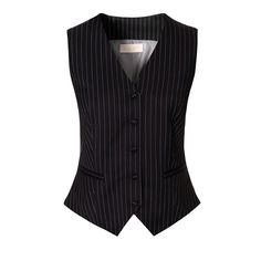 Single Breasted suit vest, made of tennis-striped material. Fastened with fabric-coated buttons. The cut underlines the waist. Wear it with Pants Erin Black Shadow or Skirt Ezra Black Shadow and Blazer Ana Black Shadow to complete a look. DRY CLEANING Iron at 110°C  COMPOSITION: 61% Polyester, 37% Viscose, 2% Spandex  LINING: 100% Acetate Fashion Vest Womens, Stripe Vest Outfit, Pin Stripe Vest, Junko Cosplay, Hope Core, Prince Aesthetic, Black Suit Vest, Single Breasted Suit, Form Style