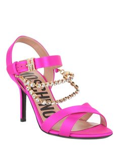 Heel Height: 3.5" | Buckle ankle closure with logo buckle fastening | Rhinestone embellishment | Almond toe | Branded leather insole; Gold-tone hardware | Specialist clean only | Upper: 72% Viscose, 28% Silk; Lower: 100% Leather | Made in Italy Versace Jewelry, Versace Handbags, Denim Jewelry, Embellished Heels, Versace Accessories, Satin Heels, Embellished Sandals, Buckled Heels, Platform Sandals Heels