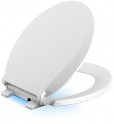 a white toilet seat with the lid closed and light blue lighting on it's side