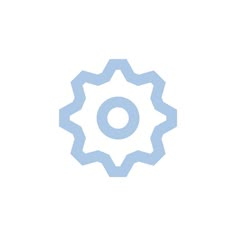 a white and blue icon with a gearwheel on the bottom right corner, in front of a white background