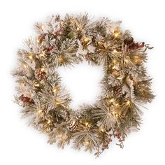 a christmas wreath with pine cones and lights